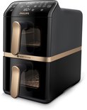 Zwarte Philips Airfryer met gouden accenten en dubbele lades.