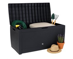 Cheqo® Opbergbox Tuin 310L – Tuinkussenbox met Deksel & Wielen – Kunststof Kussenbox Buiten – Zwarte Wickerlook – Weerbestendig – Verrijdbare & Afsluitbare Tuin Opbergkist – Duurzame Opbergbox Balkon & Garage