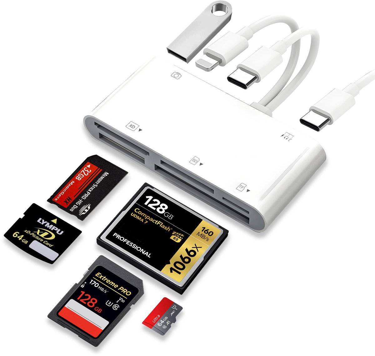 De Beste Gadgets Cardreader 7 in 2 - Lightning+USB-C+USB-A Combi Kaartlezer geschikt voor iPhone en iPad en Android- Camera Connection kit