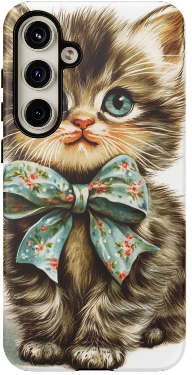 Schattige Vintage Kitten met Strik – Telefoonhoesje Geschikt voor Galaxy S24 Plus