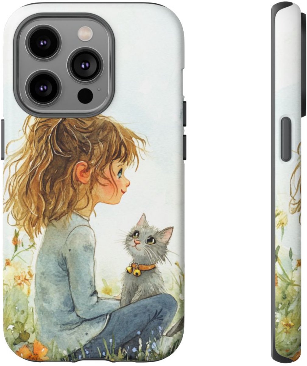 Meisje met Katje in Bloementuin Waterverf – Telefoonhoesje Geschikt voor iPhone 14 Pro