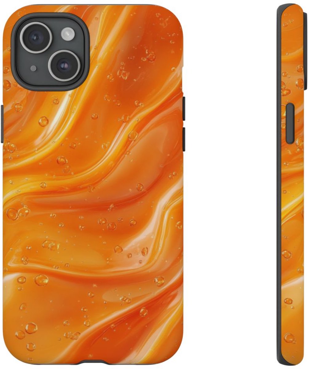 Monochrome Oranje Vloeibare Achtergrond – Telefoonhoesje Geschikt voor iPhone 15 Plus