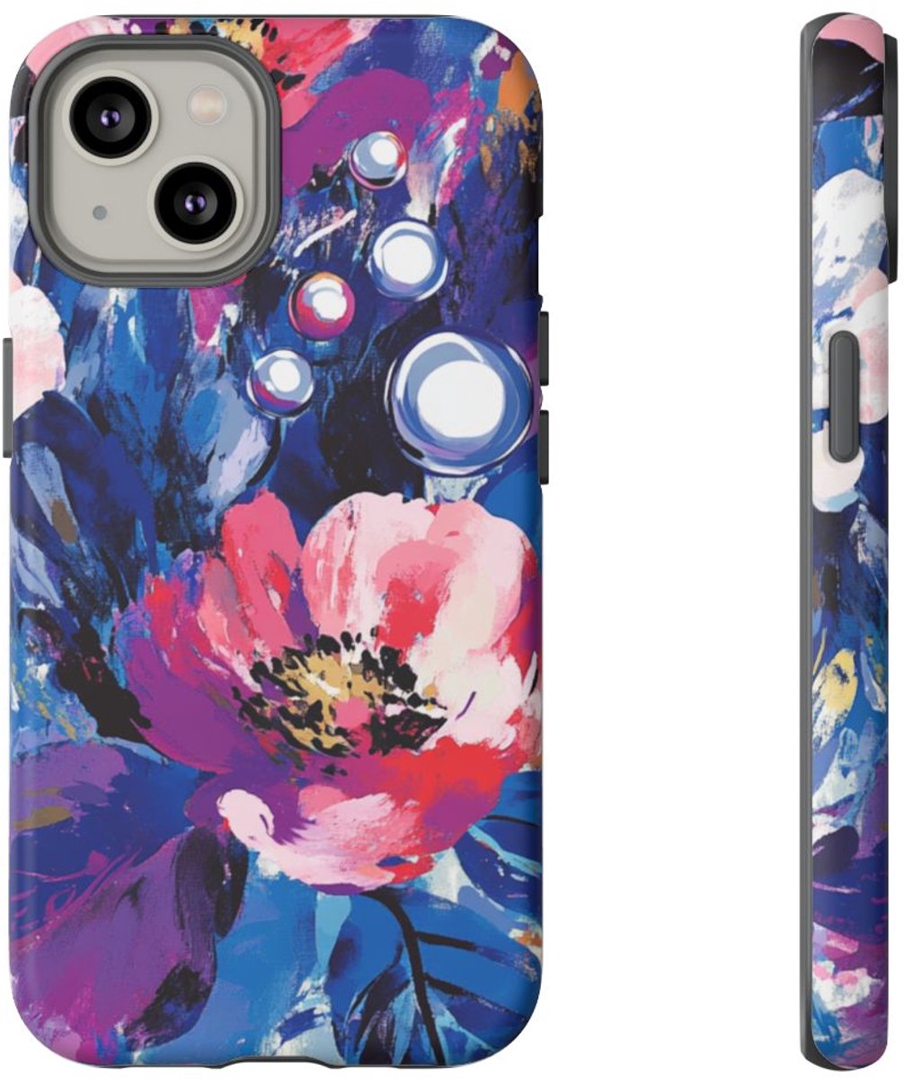 Abstracte Bloemenimpressie met Parelaccenten – Telefoonhoesje Geschikt voor iPhone 14