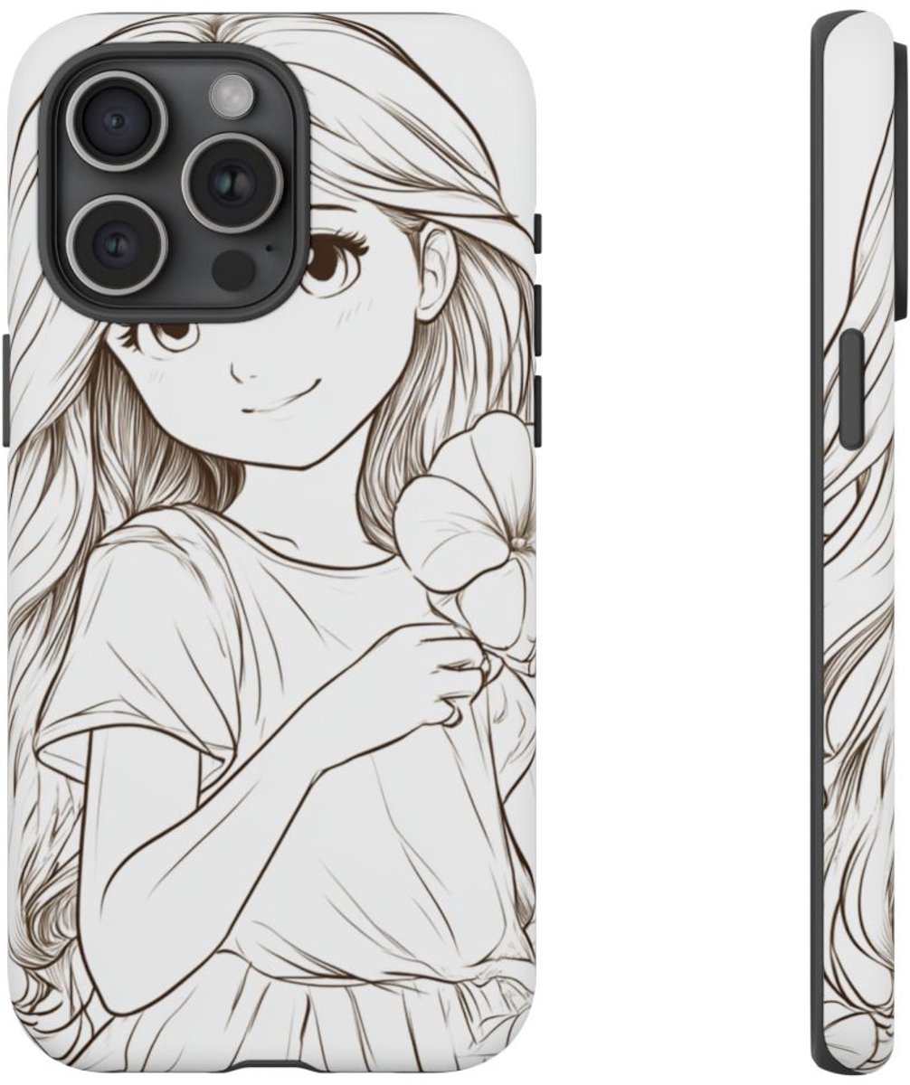 Meisje met Winde Bloemen Lijntekening – Telefoonhoesje Geschikt voor iPhone 15 Pro Max