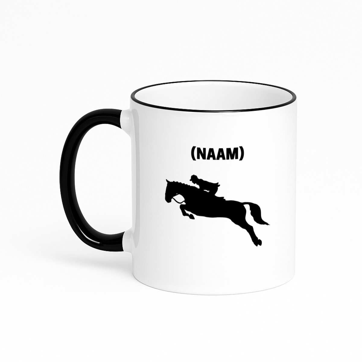 Hacebo® - Paardrijden met eigen naam koffiebeker met gekleurde rand zwart - Paardrijden - Paardrijder - thee mok - koffie beker - Sport - koffiemok - 330 ML