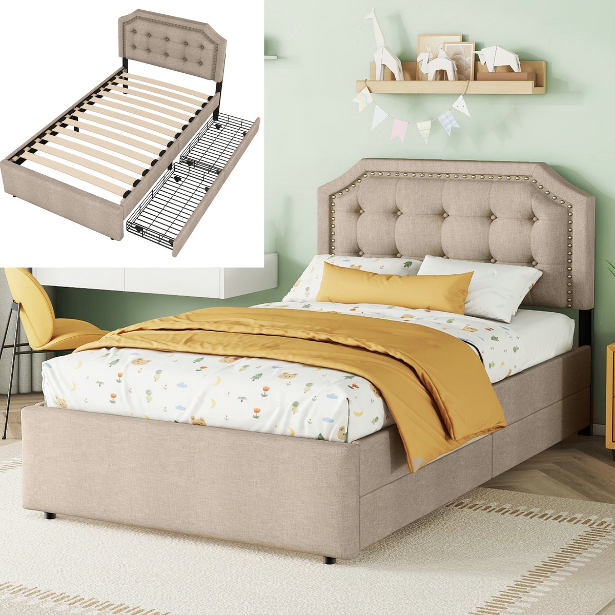 Eenpersoonsbed 90x200 cm met 2 lades en lattenbodems, bed met opbergruimte, eenvoudig en elegant design - linnen stof - donkerbeige(Matras niet inbegrepen)