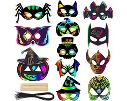 Halloween masker-enge maskers-haloween masker-24 stuks Halloween kraspapier maskers - Kinderfeestgunsten en spelletjes - Halloween kunst en knutselen - Leuk speelgoed voor kinderen en volwassenen - Inclusief vleermuizen, pompoenen, spinnen, spoken en