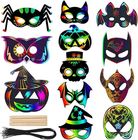 Halloween masker-enge maskers-haloween masker-24 stuks Halloween kraspapier maskers - Kinderfeestgunsten en spelletjes - Halloween kunst en knutselen - Leuk speelgoed voor kinderen en volwassenen - Inclusief vleermuizen, pompoenen, spinnen, spoken en