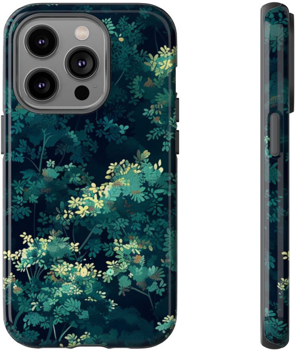 Donkergroen Bladerpatroon – Telefoonhoesje Geschikt voor iPhone 14 Pro