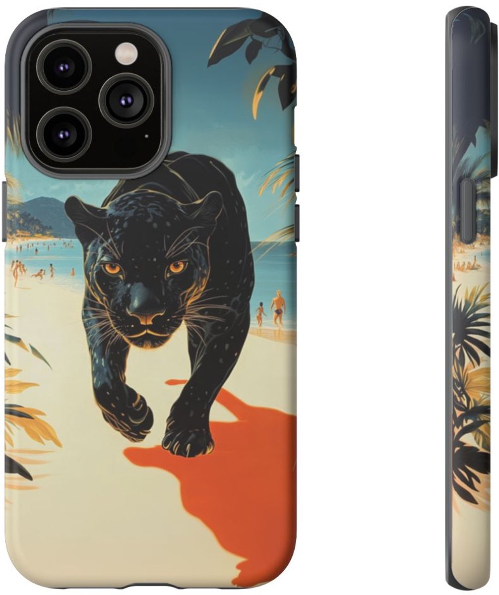 Zwarte Panter op Zonnig Strand – Telefoonhoesje Geschikt voor iPhone 14 Pro Max