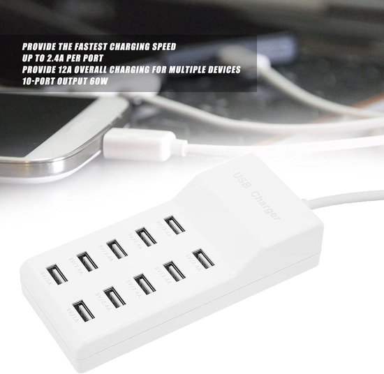 USB-laadstation 10-poorts Snellader - Snel Opladen - Automatische Detectietechnologie - Veiligheid Gegarandeerd - voor Meerdere Apparaten van Merkloos	 — afbeelding 2