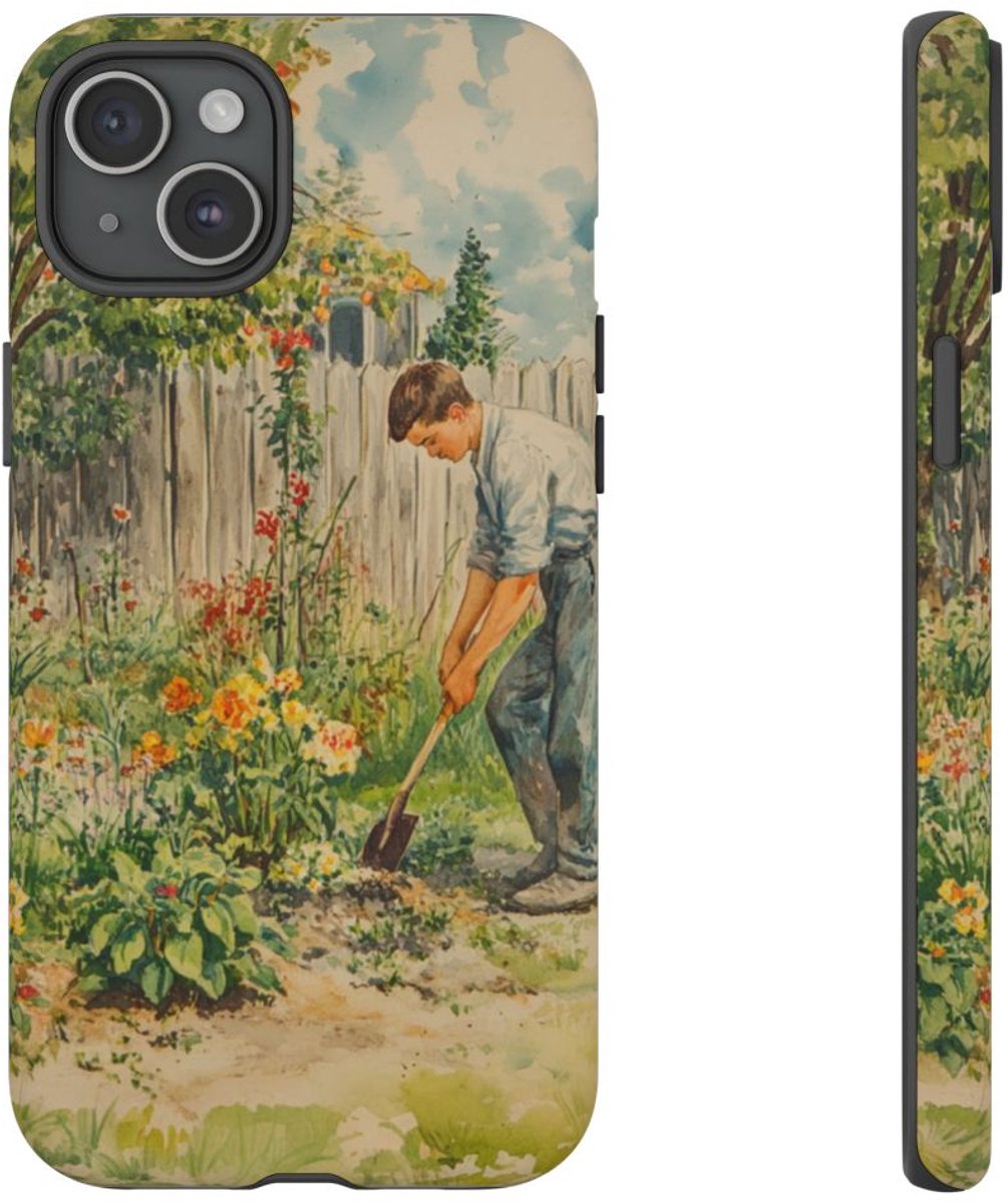 Man Tuiniert in Bloementuin – Telefoonhoesje Geschikt voor iPhone 15 Plus