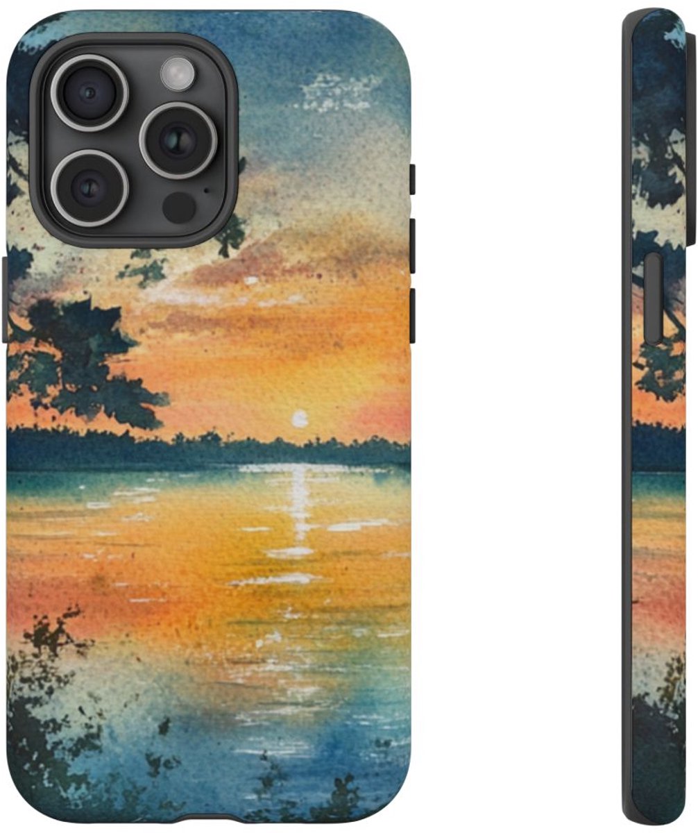 Zeilboot bij Schemering in Aquarel – Telefoonhoesje Geschikt voor iPhone 15 Pro Max