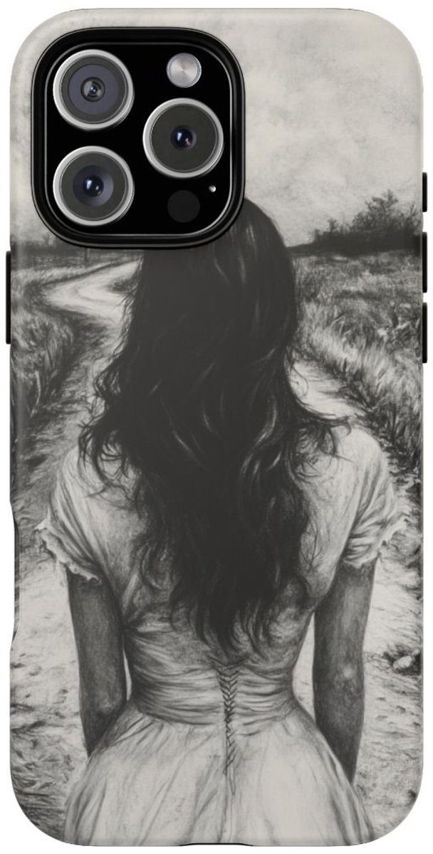 Vrouw in Witte Jurk op Landweg – Telefoonhoesje Geschikt voor iPhone 16 Pro Max
