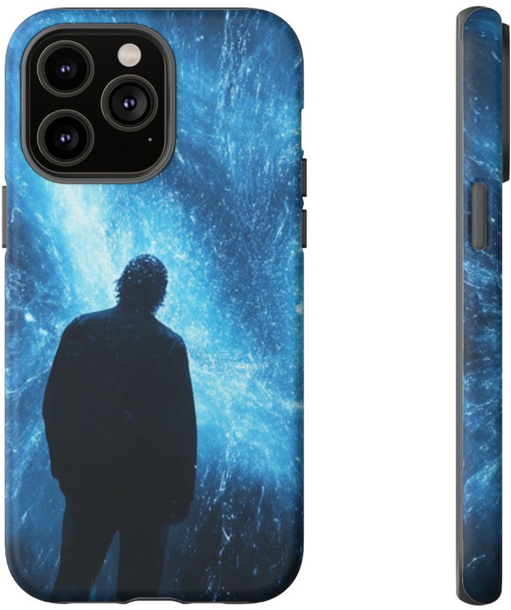 Silhouet met Blauwe Lichtflits – Telefoonhoesje Geschikt voor iPhone 14 Pro Max
