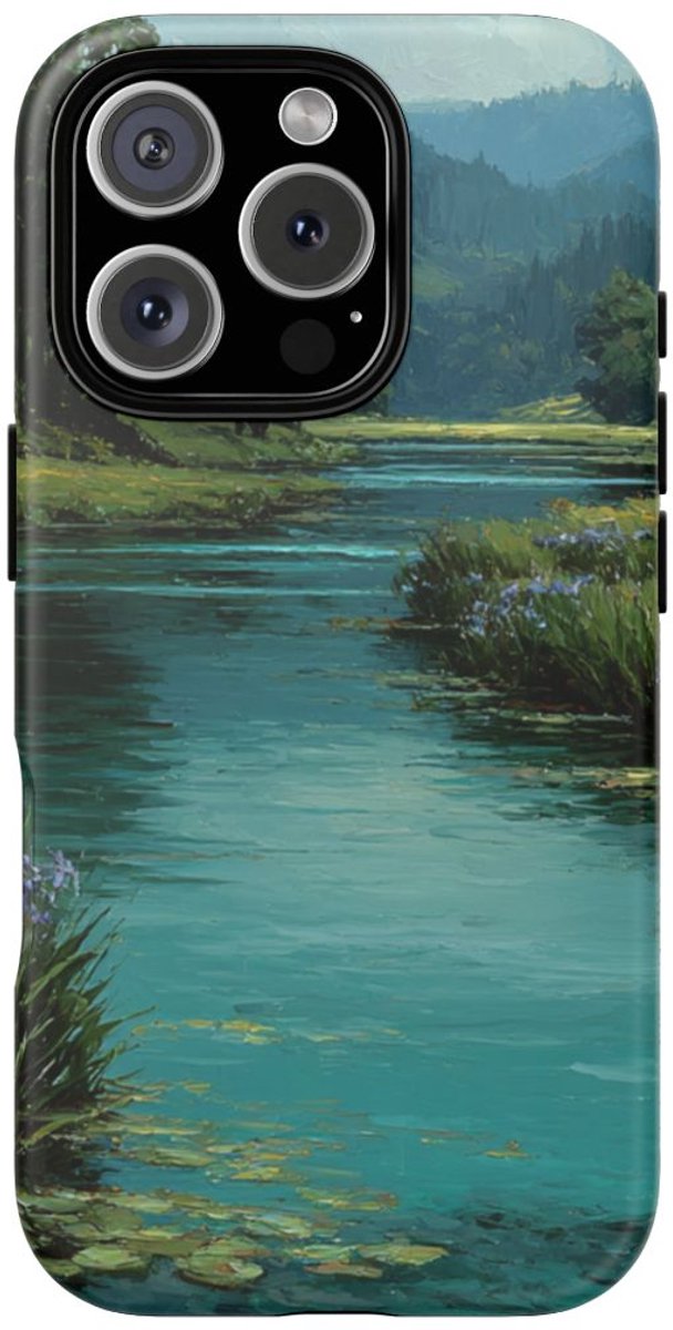 Blauwe Iris Rivierlandschap – Telefoonhoesje Geschikt voor iPhone 16 Pro