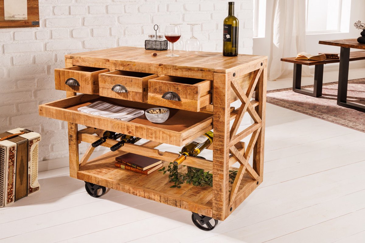 Industriële barkast BODEGA 86 cm mangohouten serveerwagen met wijnrek - 42379