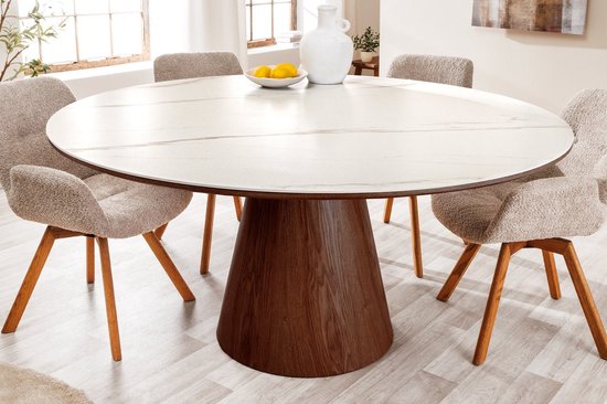Table à manger ronde UNIQUE 120 cm Wit Marron Noyer Céramique Marbre Piètement Colonne - 45144