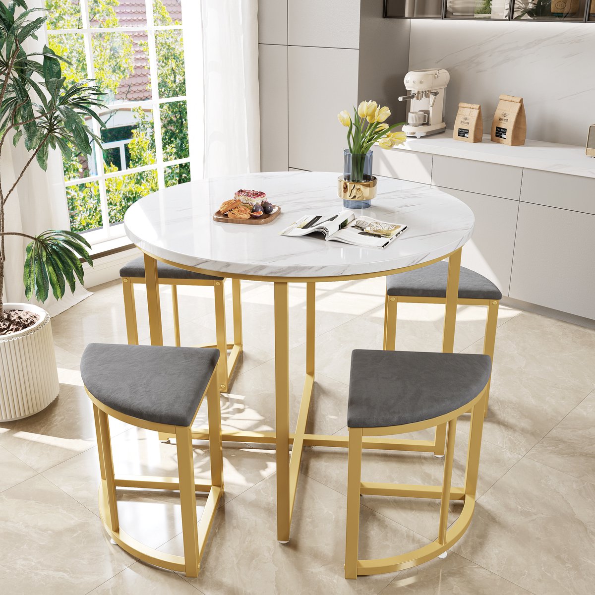 Pugsdrly Eettafel set met vier stoelen, eethoek met MDF-tafelblad en verguld ijzeren frame, fluwelen stoel, moderne luxe tafels en stoelen, grijs