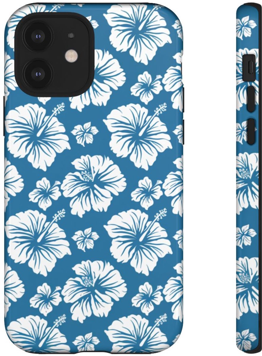 Wit Hawaïaans Bloemenpatroon op Blauw – Telefoonhoesje Geschikt voor iPhone 12