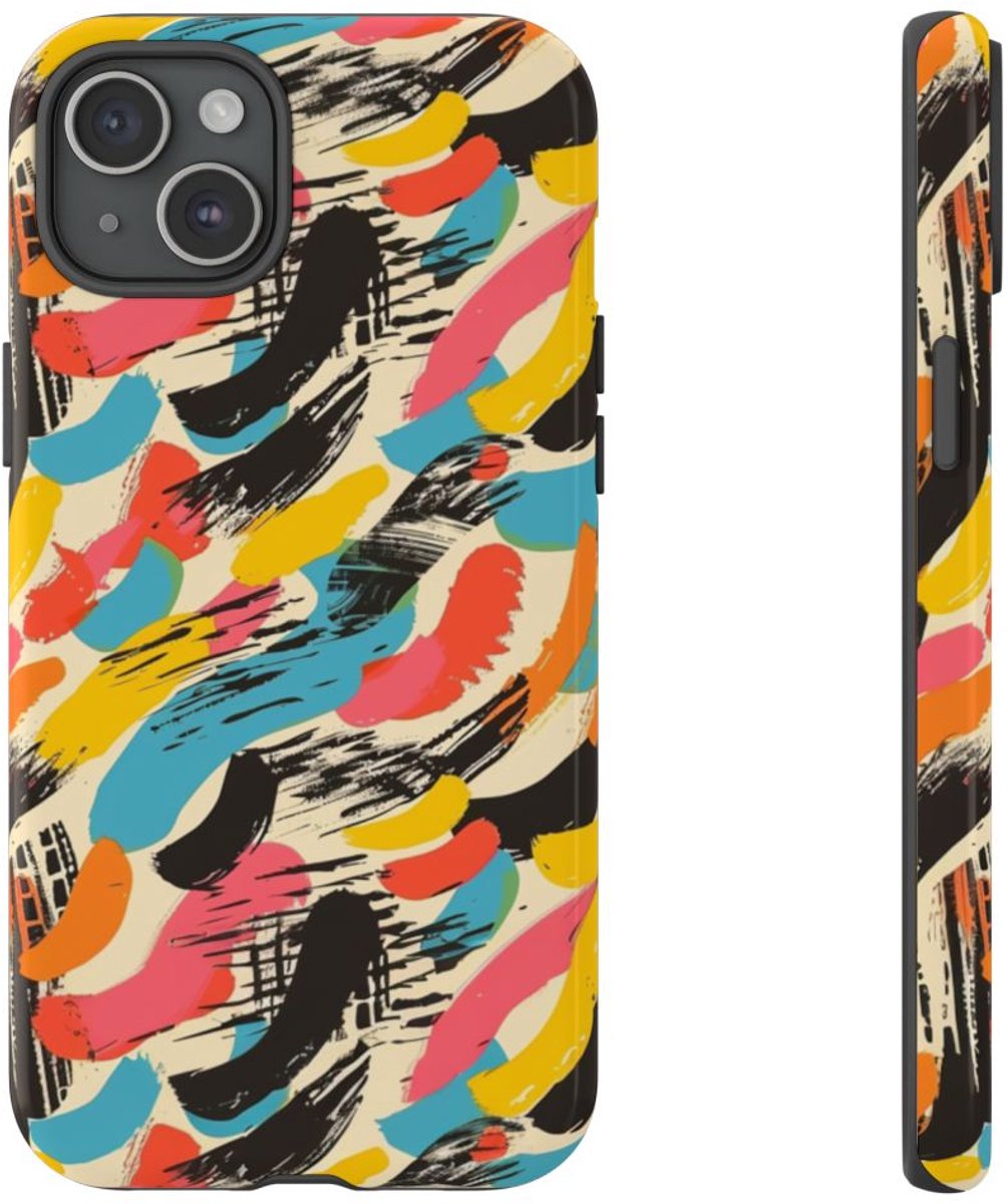 Levendig Abstract Penseelstrepenpatroon – Telefoonhoesje Geschikt voor iPhone 15 Plus