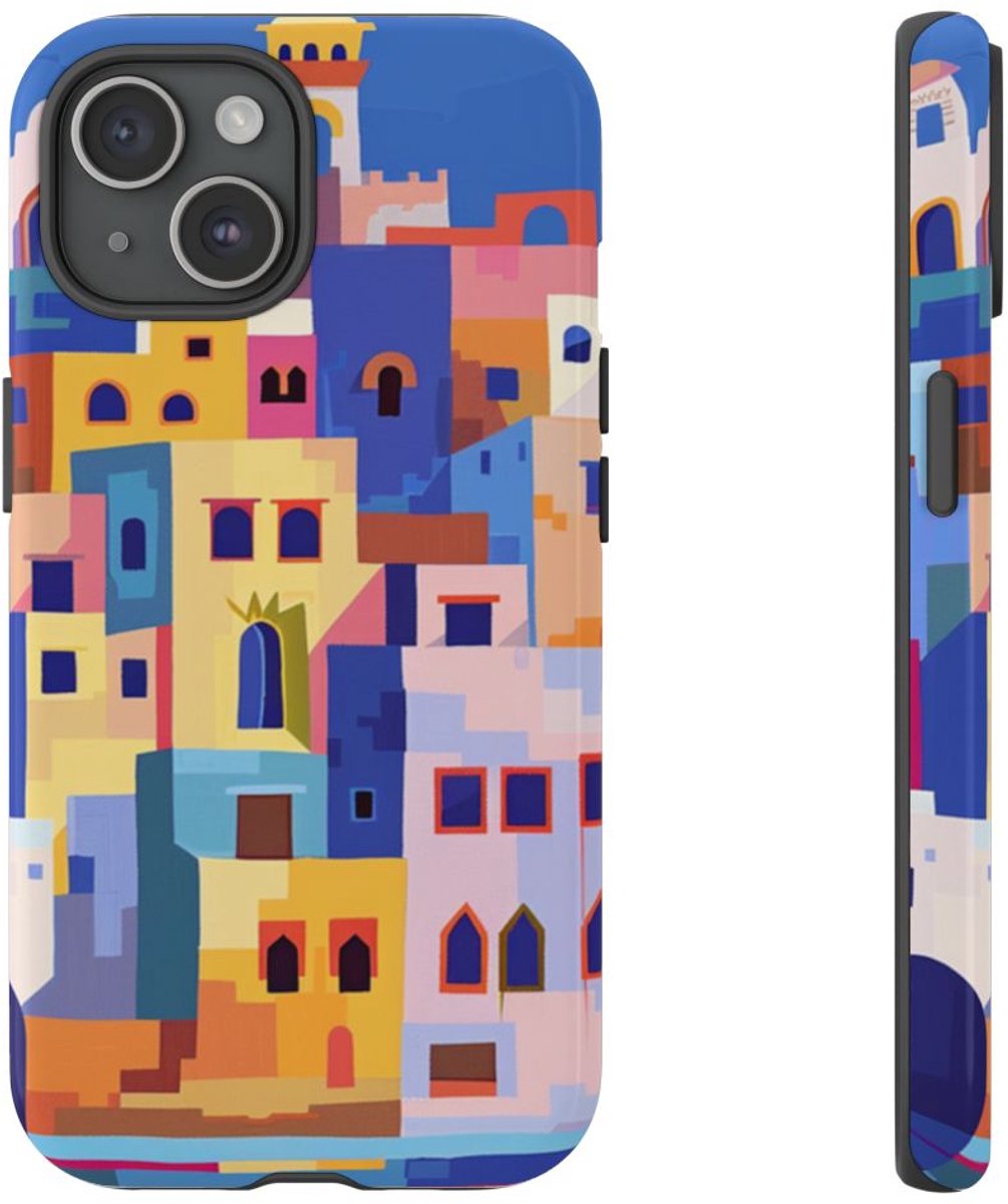 Kleurrijke Illustratie van een Kuststad – Telefoonhoesje Geschikt voor iPhone 15