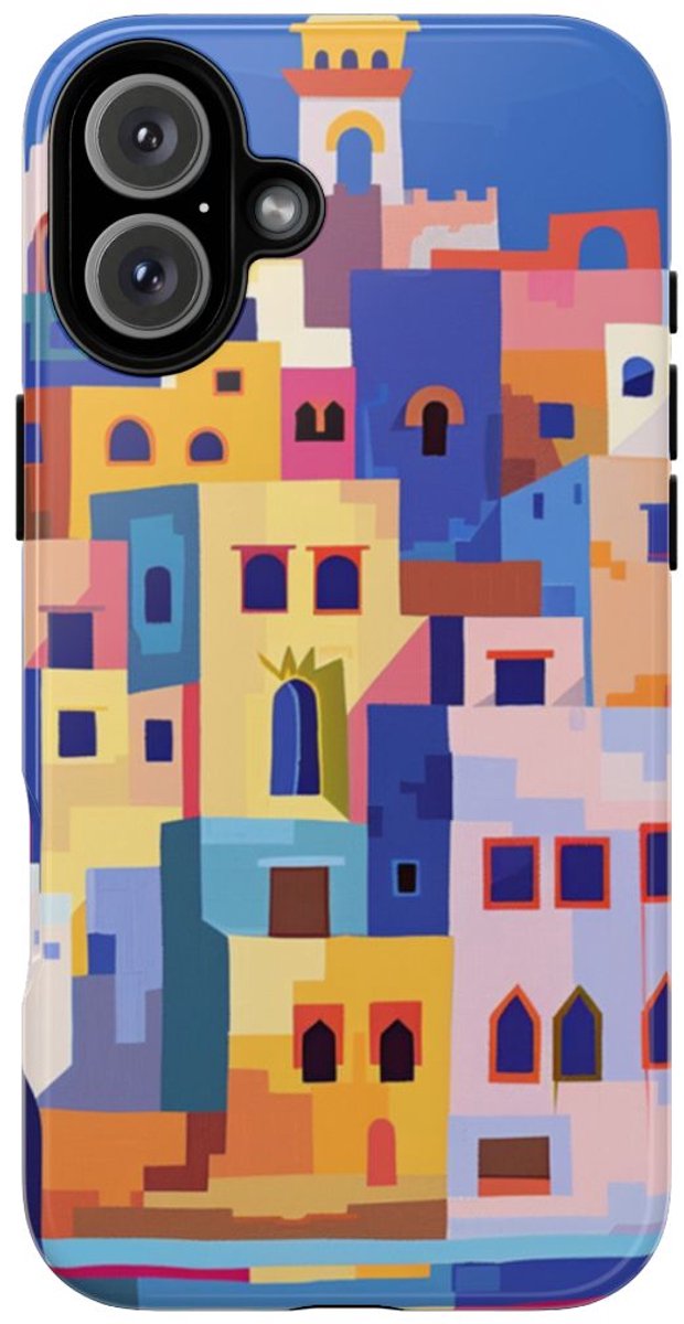 Kleurrijke Illustratie van een Kuststad – Telefoonhoesje Geschikt voor iPhone 16 Plus