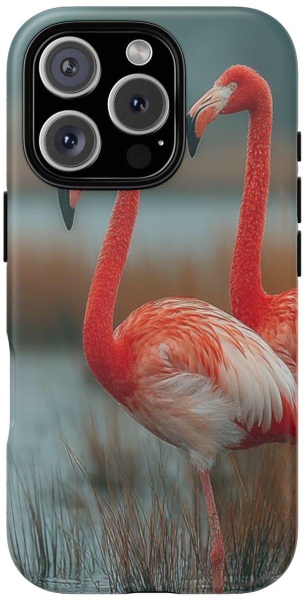 Drie Flamingo’s bij Water en Gras – Telefoonhoesje Geschikt voor iPhone 16 Pro