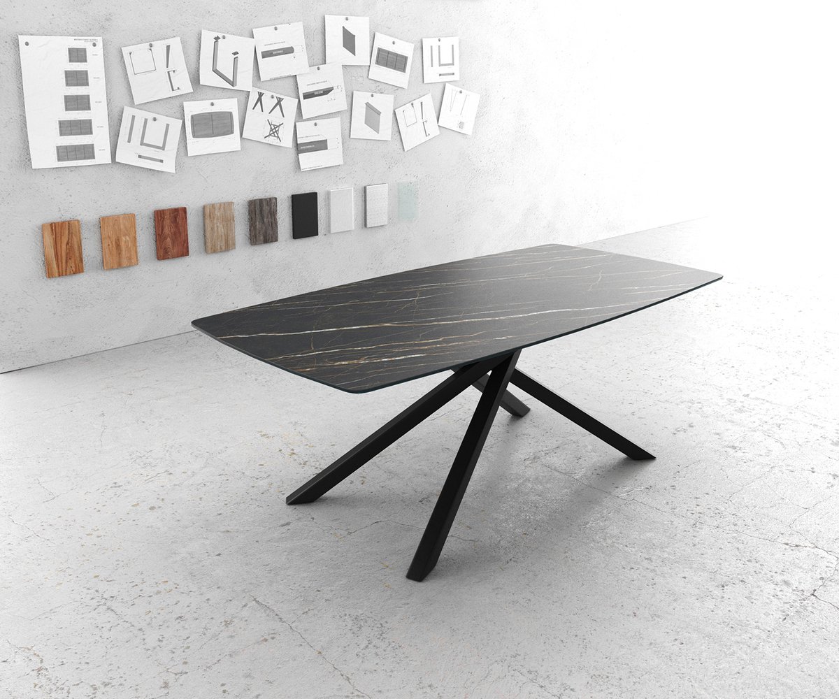 DELIFE Eettafel Edge bootsvorm 200x100cm Laminam® keramiek bruin middenvoet kruis zwart