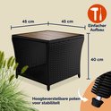 Zwarte vierkante bijzettafel met houten tafelblad en een close-up van de verstelbare poot.
