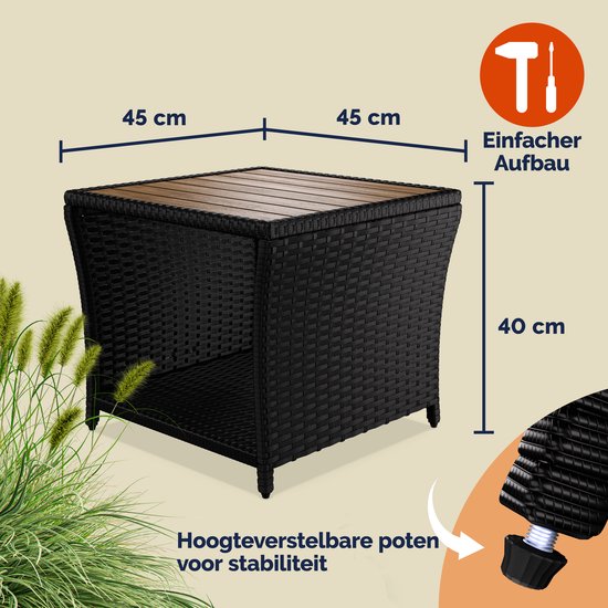 Zwarte vierkante bijzettafel met houten tafelblad en een close-up van de verstelbare poot.