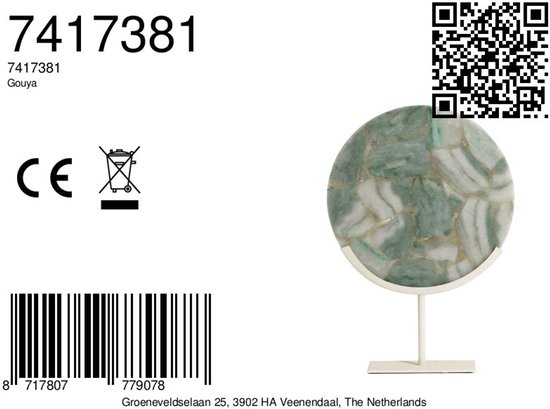Ronde, lichtgroene steen met witte aders op een witte standaard, met productinformatie en QR-code.