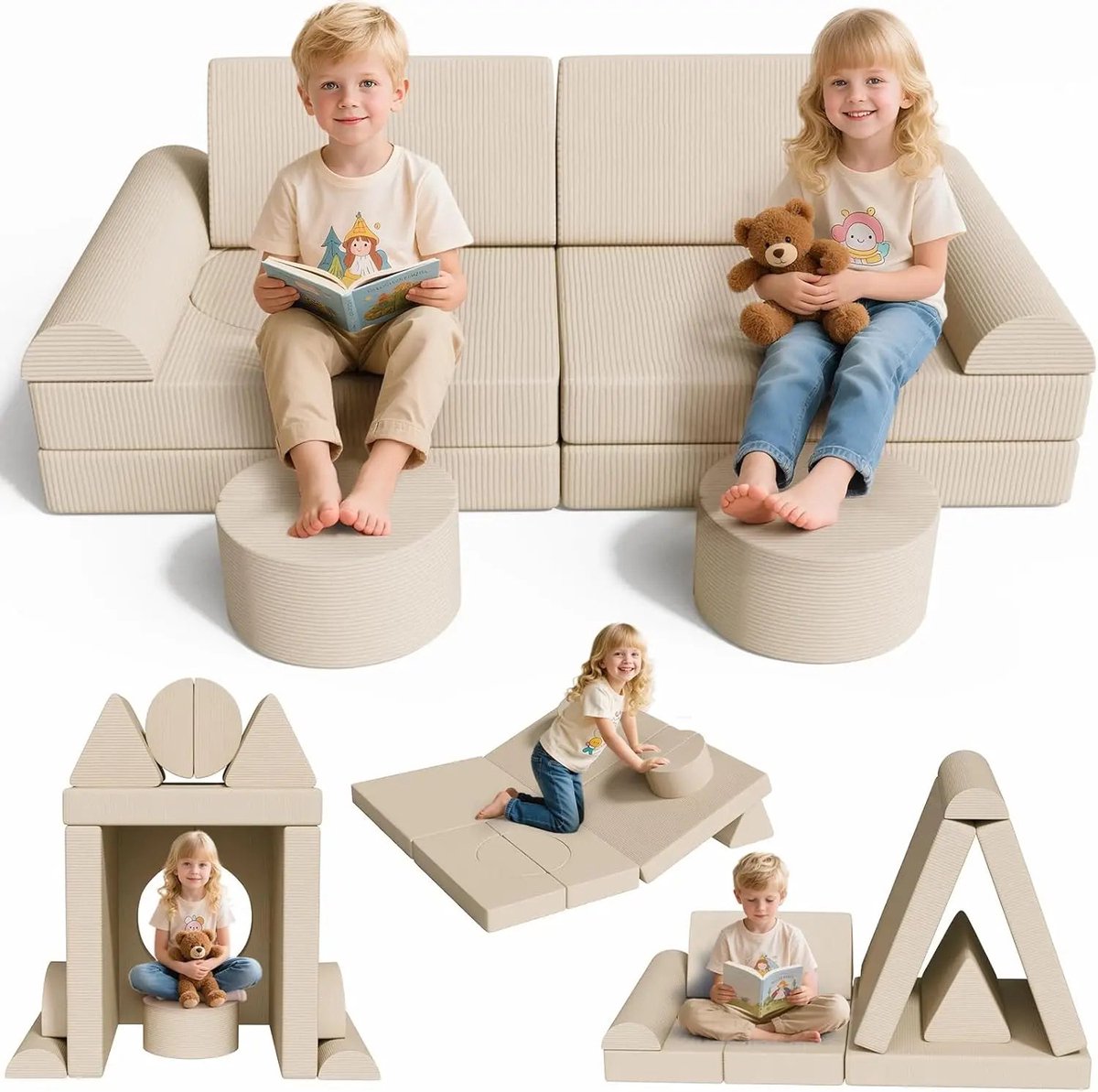 Corenia Kindermatras Sofa – Zitzak Kinderen – Speelbank – Speelmat – Modulaire Kindersofa – Veilig Schuimrubber – Oeko-TEX Corduroy Hoesje beige