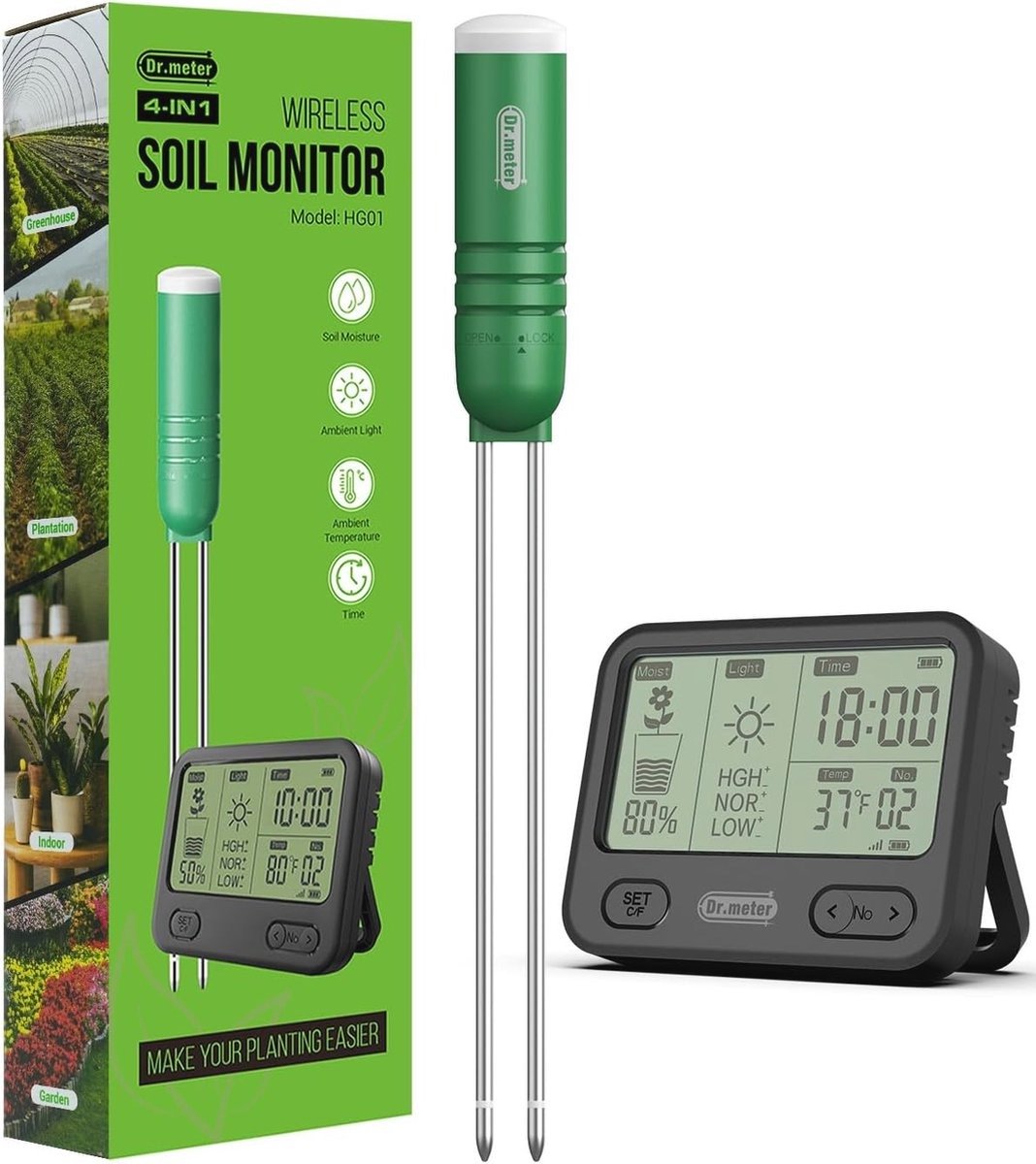 WNHB® 4 in 1 Plantenmeter – Bodemtester Vocht Licht pH Temperatuur – LCD Display – Voor Binnen en Buiten