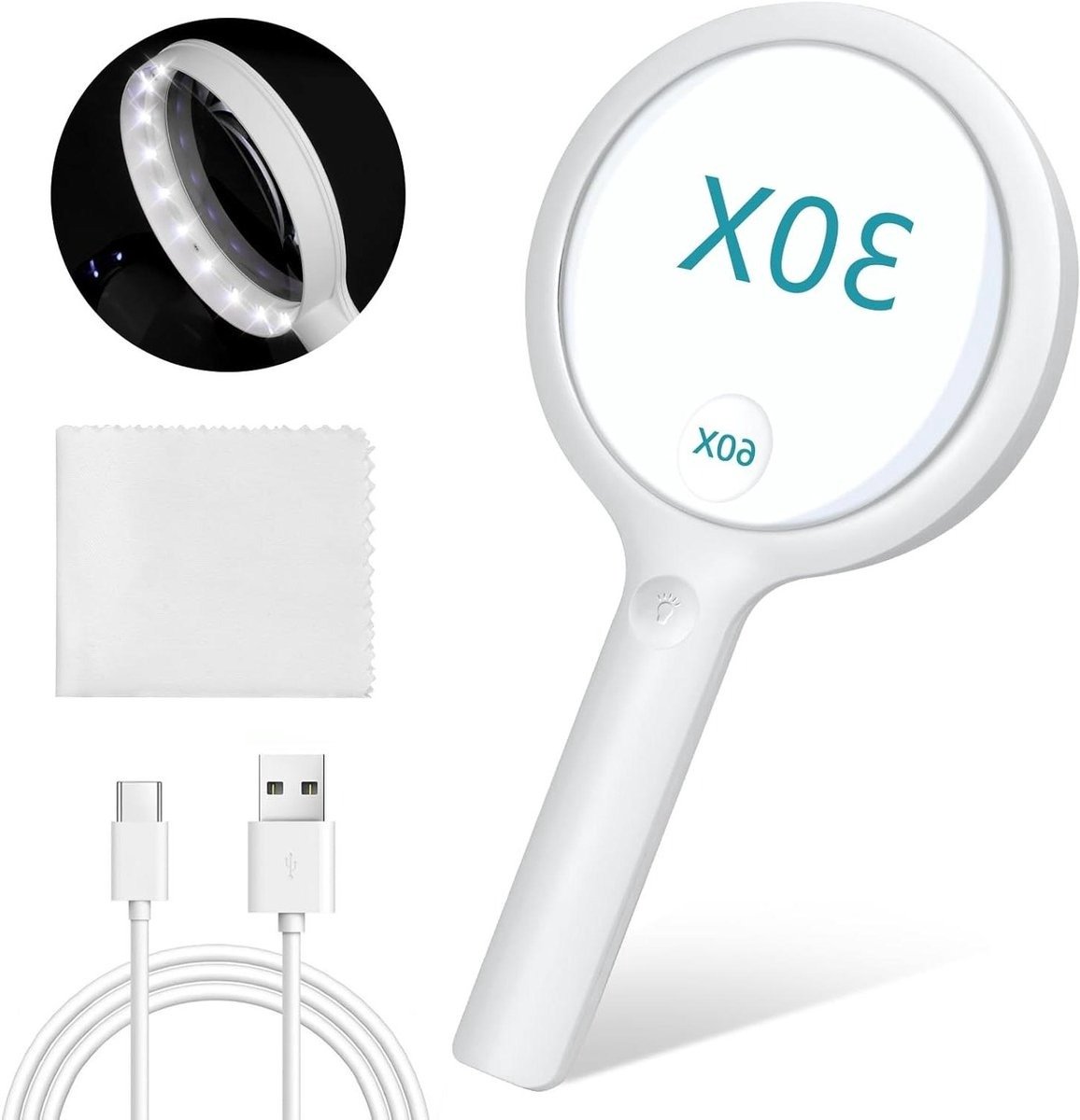 WNHB® Vergrootglas met licht 30x – Oplaadbaar USB leesloep met 3 lichtstanden – Voor senioren kinderen en hobby