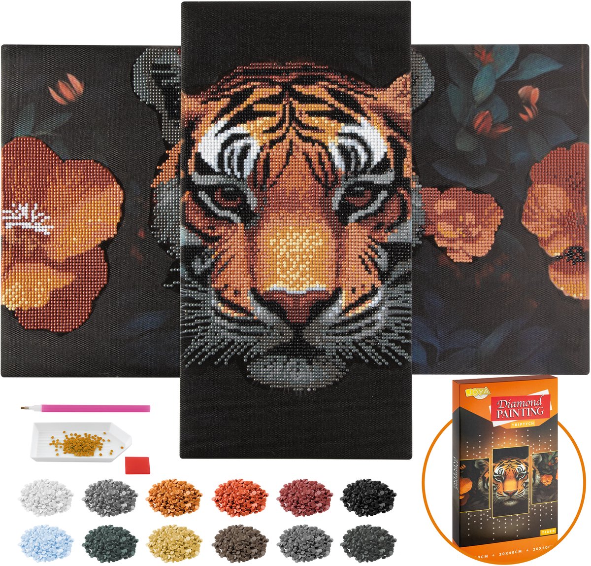 Diamond Painting Volwassenen Tijger Drieluik Schilderij DIY - Diamond Painting Pakket - Ronde Steentjes - Inclusief Diamond Painting Pen - Voor Volwassenen en Kinderen - Afmeting 40x20cm en 30x20cm - Joya Creative