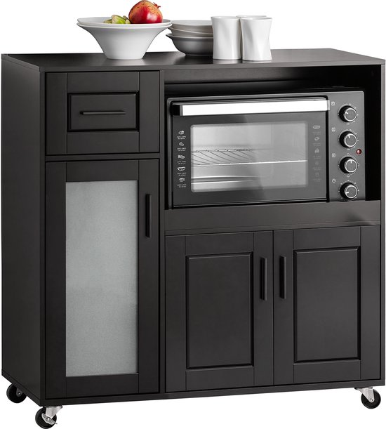 SoBuy FSB78-SCH Sideboard op Wieltjes – Magnetronkast – Keukenkast met Lade en Glazen Deur – Opbergkast van MDF – Zwart – 88,5x89x40cm