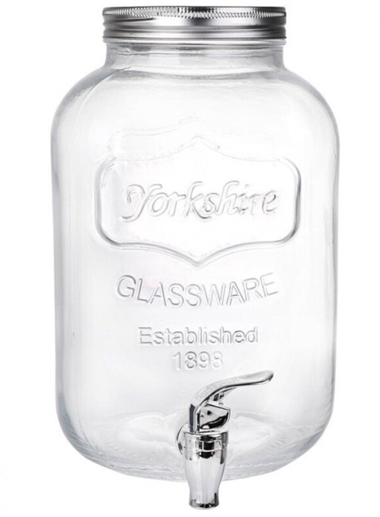 Glazen drankdispenser van 5L met zilverkleurige kraan, opdruk 'Yorkshire Glassware Established 1898'.
