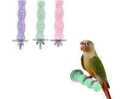3 delige snavelslijpstenen voor vogels - Slijpstok voor vogelklauwen - Zitstok voor papegaaienkooi - Platform voor standaardstang - Kauwspeeltje voor klauwentrimmer - Voor grasparkieten, valkparkieten, conures - Paars, groen, roze