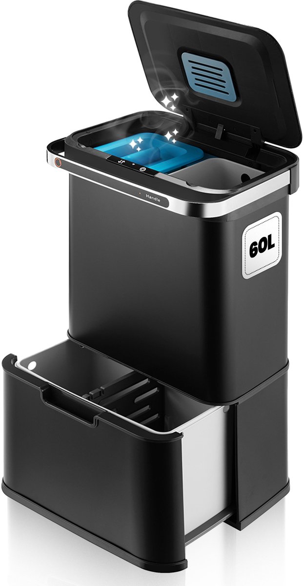 Hom&Com Prullenbak 3 Vakken 60L Zwart– Automatische Afvalbak met Sensor – Soft-Close Deksel, Ozonfunctie & Geurfilter voor Afvalscheiding