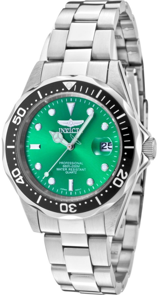 Invicta Pro Diver 10667 Horloge - Waterdicht - Analoog - Quartz Uurwerk - Roestvrij Staal met groene Wijzerplaat - 37mm