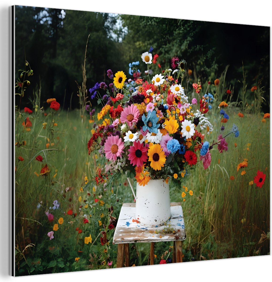 Aluminium schilderij 160x120 cm - Wanddecoratie metaal - Bloemen - Krukje - Gieter - Veld 