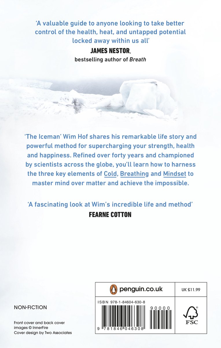 Achterkant van een boek, met citaten over "The Wim Hof Method". Bevat ISBN-barcode en Penguin-logo.
