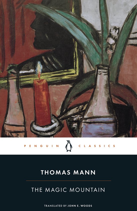 De kaft van Thomas Manns 'The Magic Mountain' toont een schilderij met een brandende rode kaars, flessen, planten en een spiegel met een profiel.