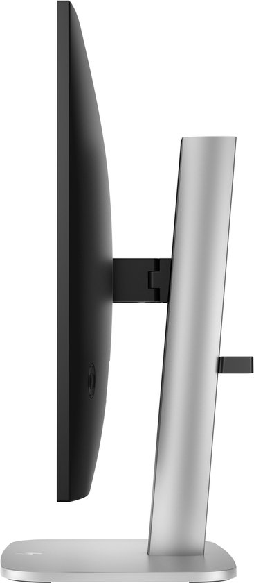 Zijaanzicht van een zwarte monitor met een zilveren, stevige standaard.