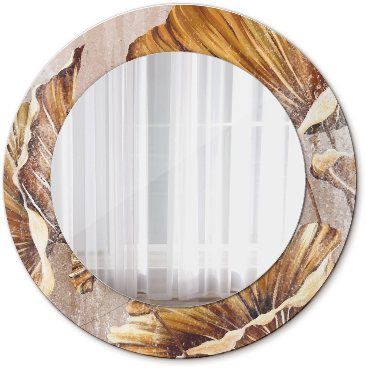 Tulup Spiegel - Ronde Spiegel - Spiegel op gehard Glas - Boho bladeren - Diameter: 50 cm - Gele - Badkamerspiegel - Gangspiegel - Eetkamer - Decoratieve spiegel - Decoratief Spiegel - Minimalistische Spiegel - Ophangsysteem