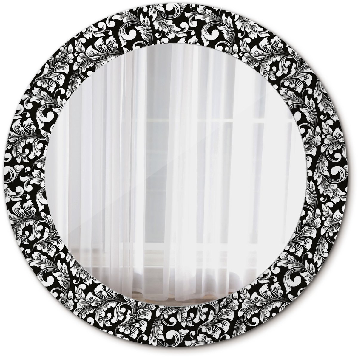 Tulup Spiegel - Ronde vorm Spiegel - op gehard Glas - Ornament - Diameter: 60 cm - Decoratieve spiegel met patroon - Inloopkastspiegel – Badkamerspiegel - Toiletspiegel - Zwart-Witte - Scandinavisch Design - Visagiespiegel - Wandmontage