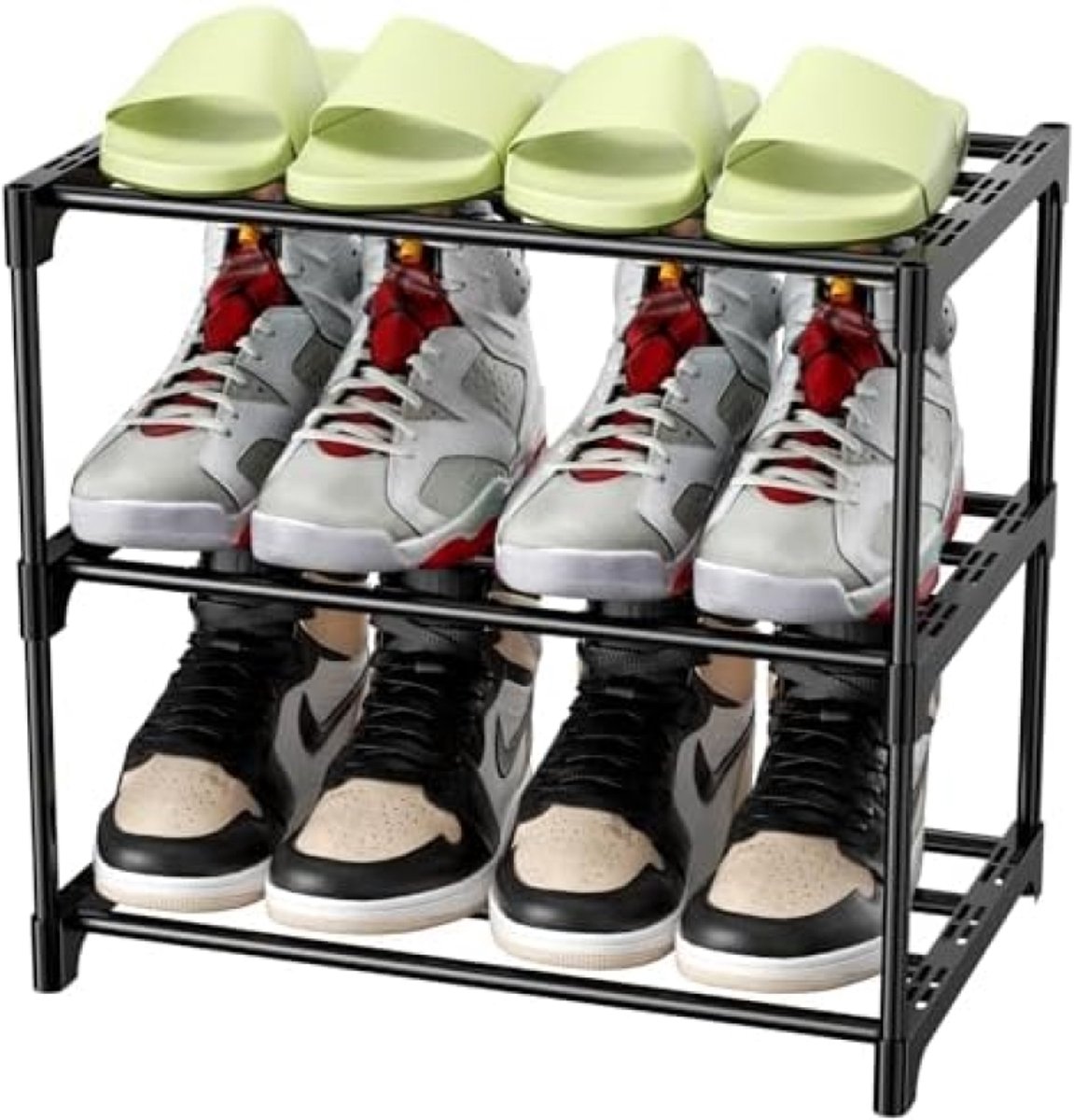 Metenalen schoenenrek met 3 niveaus, stapelbaar voor 6 paar schoenen, ruimtebesparend schoenenrek voor hal, woonkamer, slaapkamer of entree - Zwart