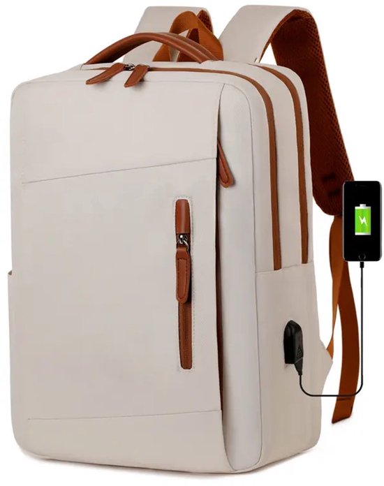 Sac à dos pour ordinateur portable 15,6 pouces, étanche, port de chargement USB, confortable et ergonomique, idéal pour le travail, École, le Sport et les Voyages – Unisexe, beige