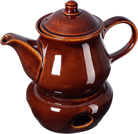 KADAX theepot van keramiek, warmtebehoudende theeketel in landhuisstijl, vaatwasmachinebestendige kan van hoogwaardige keramiek, theepot voor thuis of kantoor (met opwarmer